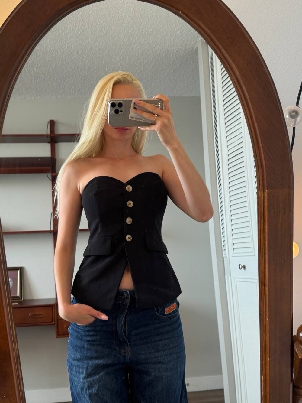 Strapless Top Black Button Front